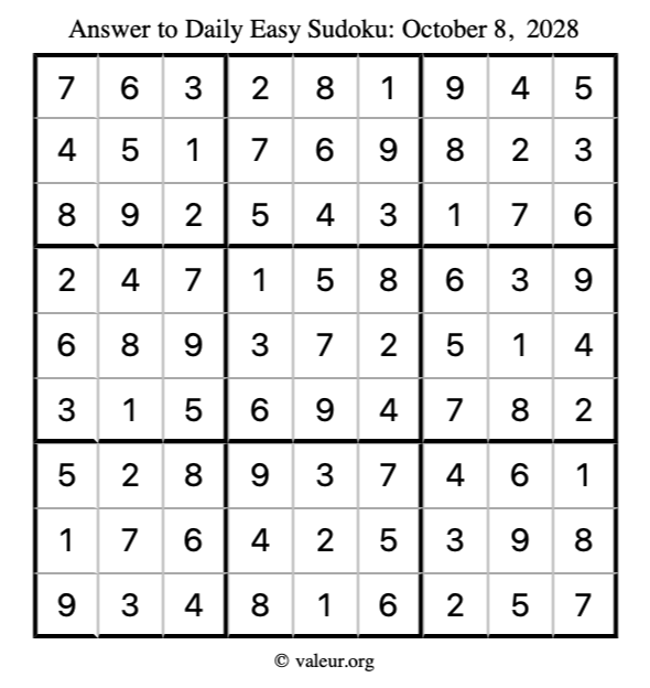 Answer to easy sudoku October 8, 2028