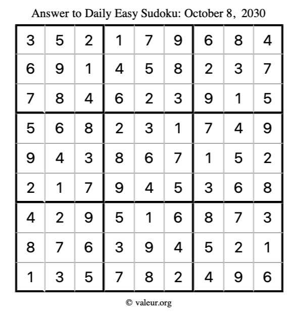 Answer to easy sudoku October 8, 2030