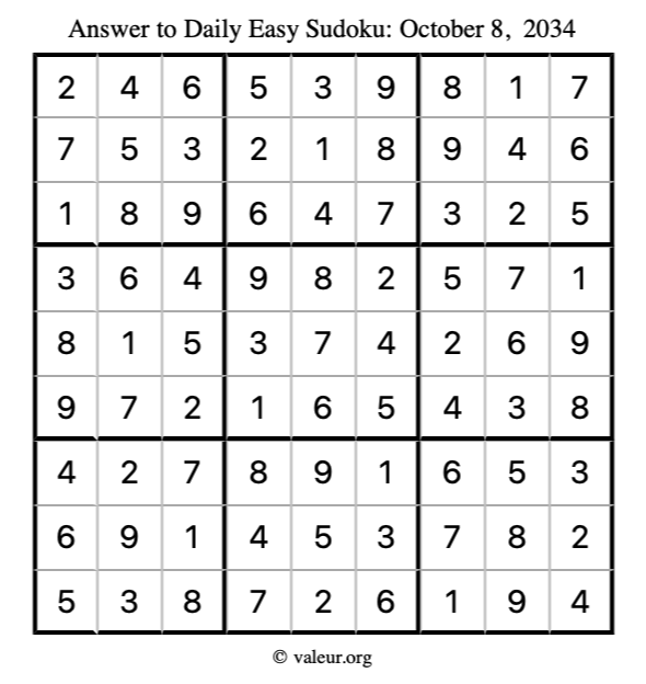 Answer to easy sudoku October 8, 2034