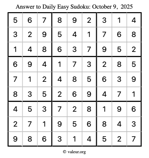 Answer to easy sudoku October 9, 2025