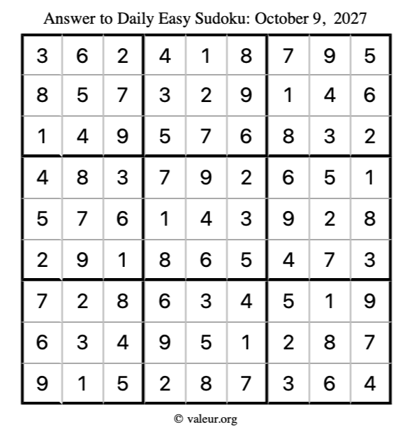 Answer to easy sudoku October 9, 2027
