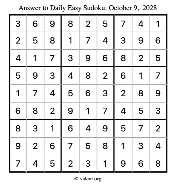 Answer to easy sudoku October 9, 2028