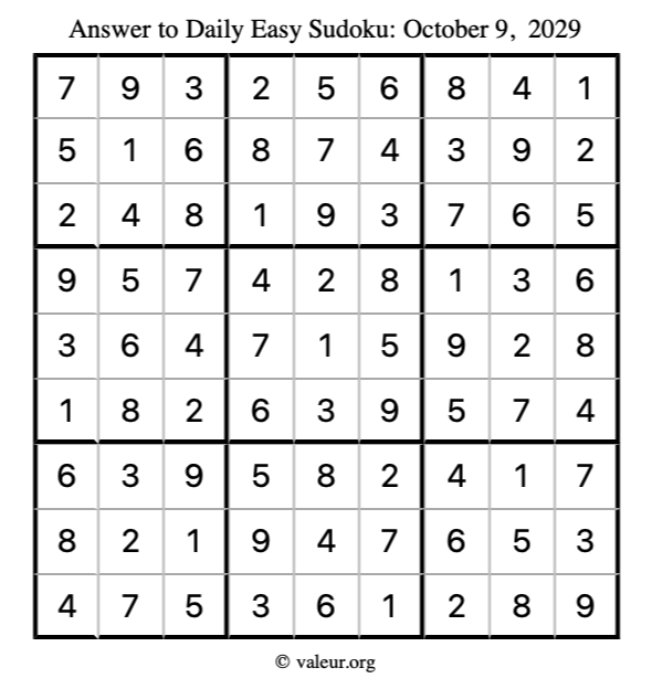 Answer to easy sudoku October 9, 2029