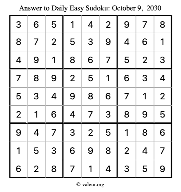 Answer to easy sudoku October 9, 2030