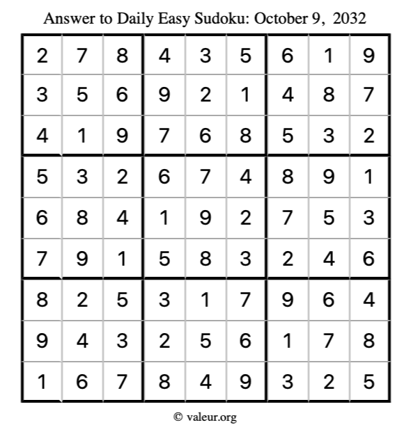 Answer to easy sudoku October 9, 2032