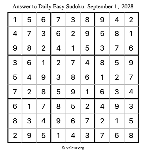 Answer to easy sudoku September 1, 2028