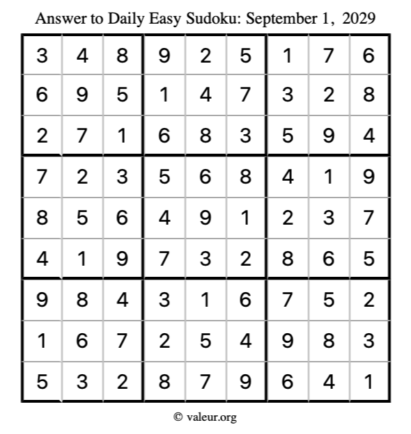 Answer to easy sudoku September 1, 2029