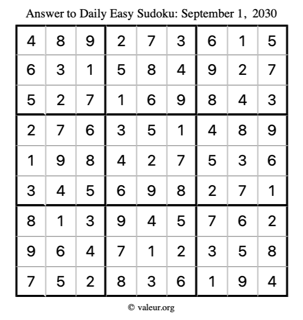 Answer to easy sudoku September 1, 2030