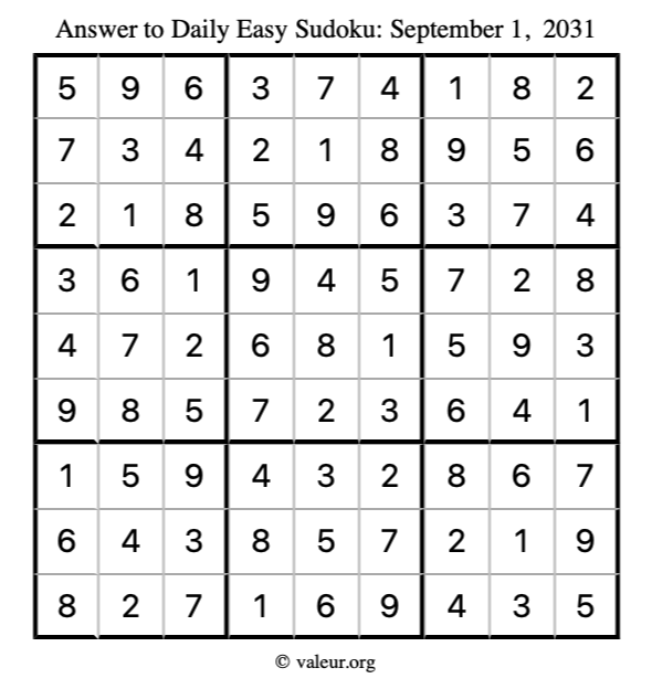Answer to easy sudoku September 1, 2031