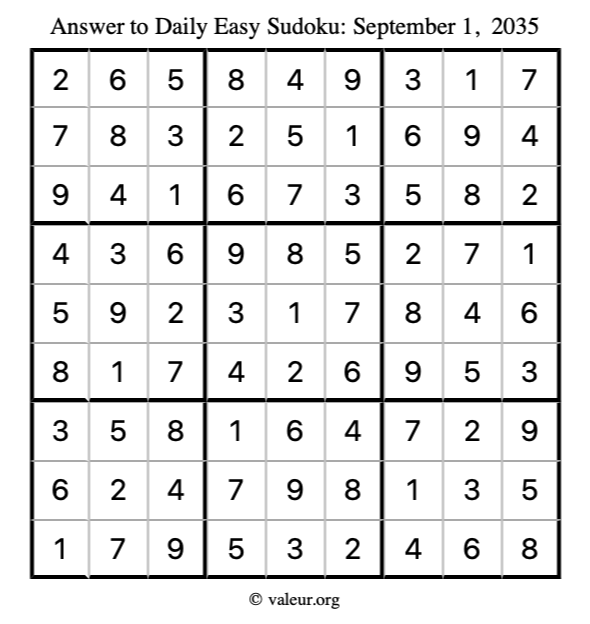 Answer to easy sudoku September 1, 2035