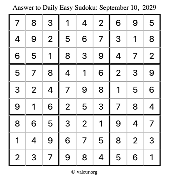 Answer to easy sudoku September 10, 2029
