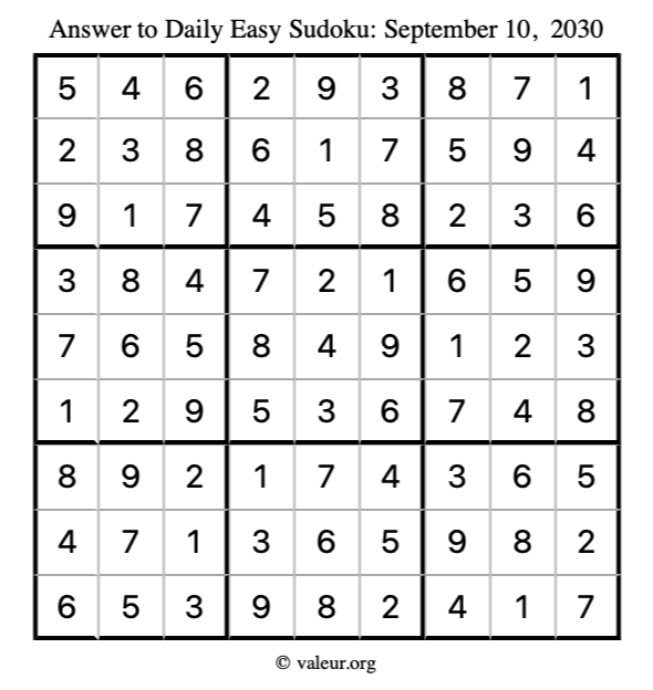 Answer to easy sudoku September 10, 2030