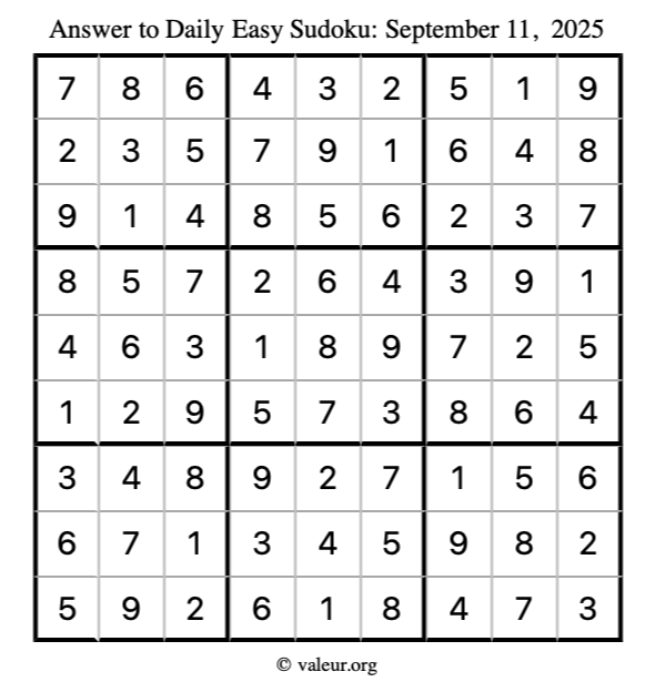 Answer to easy sudoku September 11, 2025
