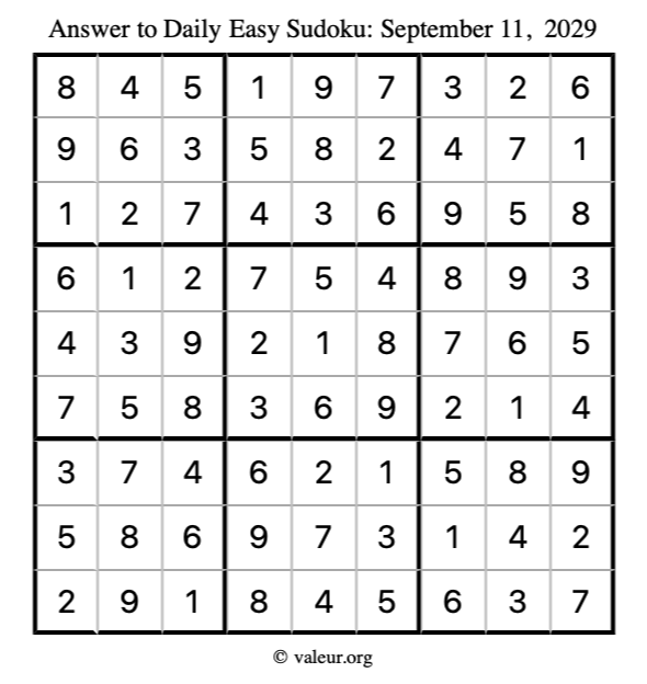 Answer to easy sudoku September 11, 2029