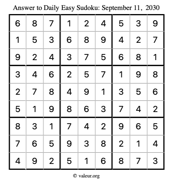 Answer to easy sudoku September 11, 2030