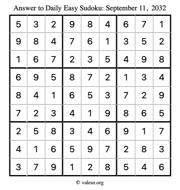 Answer to easy sudoku September 11, 2032