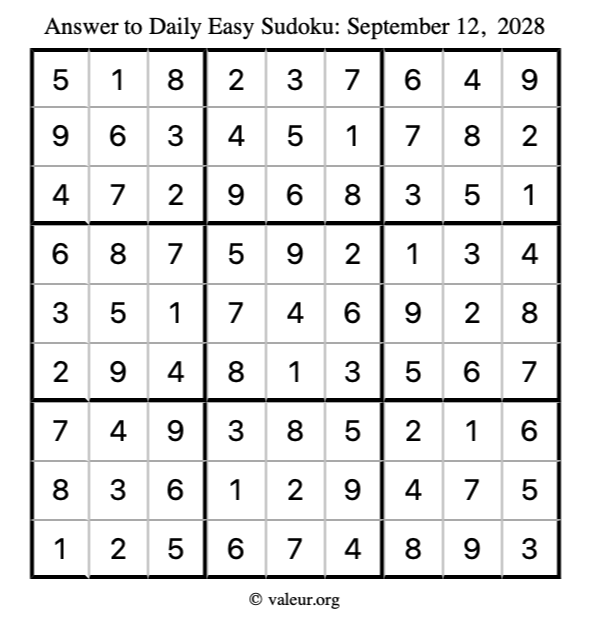 Answer to easy sudoku September 12, 2028