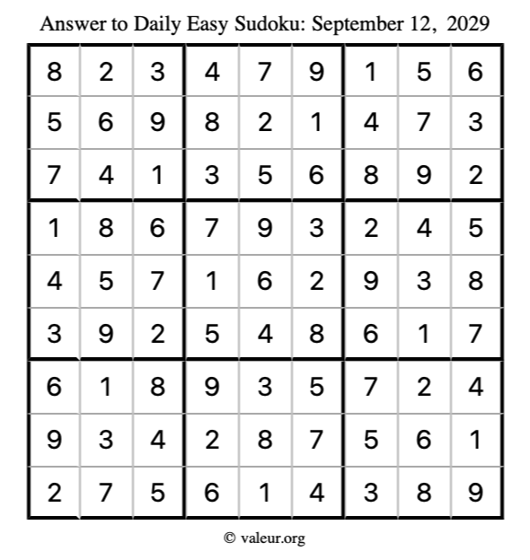 Answer to easy sudoku September 12, 2029