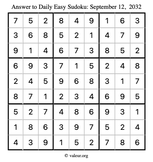 Answer to easy sudoku September 12, 2032