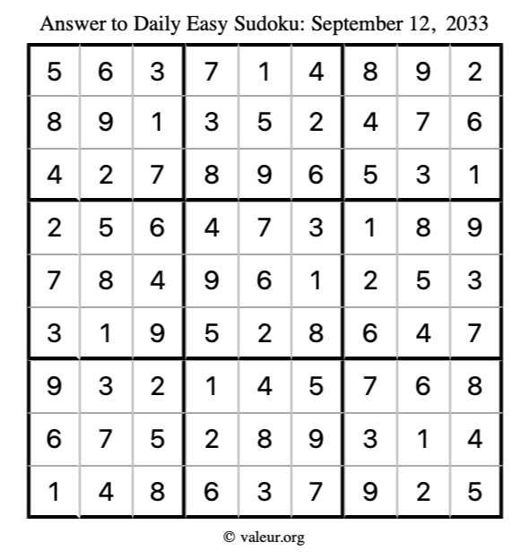 Answer to easy sudoku September 12, 2033