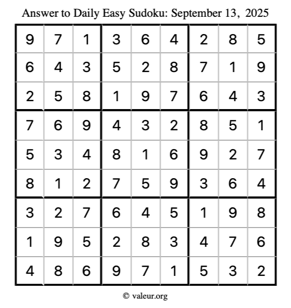 Answer to easy sudoku September 13, 2025