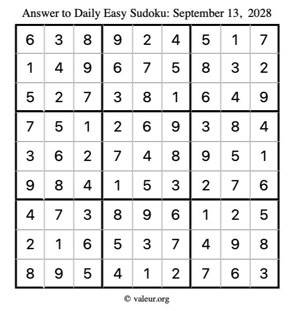 Answer to easy sudoku September 13, 2028