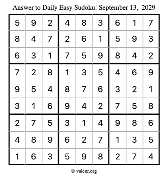 Answer to easy sudoku September 13, 2029