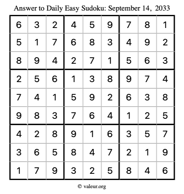 Answer to easy sudoku September 14, 2033