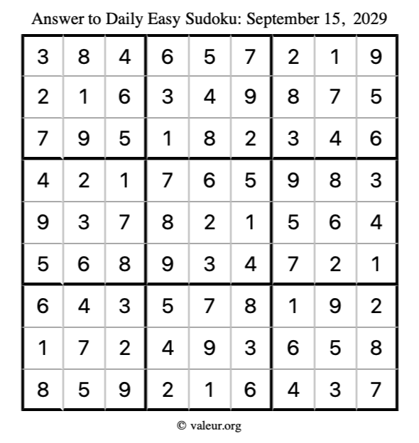 Answer to easy sudoku September 15, 2029