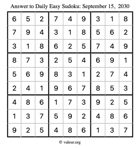 Answer to easy sudoku September 15, 2030