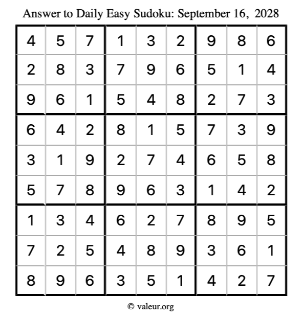 Answer to easy sudoku September 16, 2028
