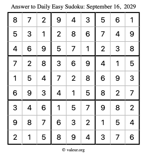 Answer to easy sudoku September 16, 2029