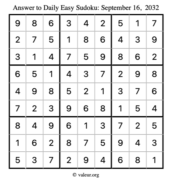 Answer to easy sudoku September 16, 2032