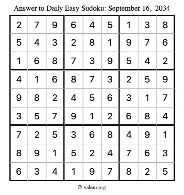Answer to easy sudoku September 16, 2034