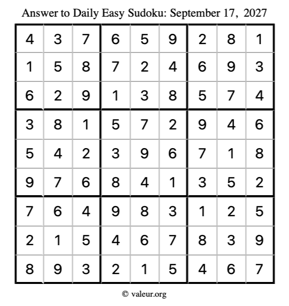 Answer to easy sudoku September 17, 2027