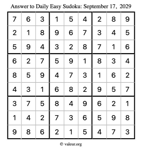 Answer to easy sudoku September 17, 2029