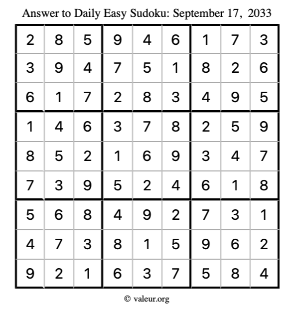 Answer to easy sudoku September 17, 2033