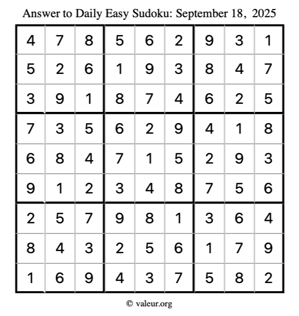 Answer to easy sudoku September 18, 2025