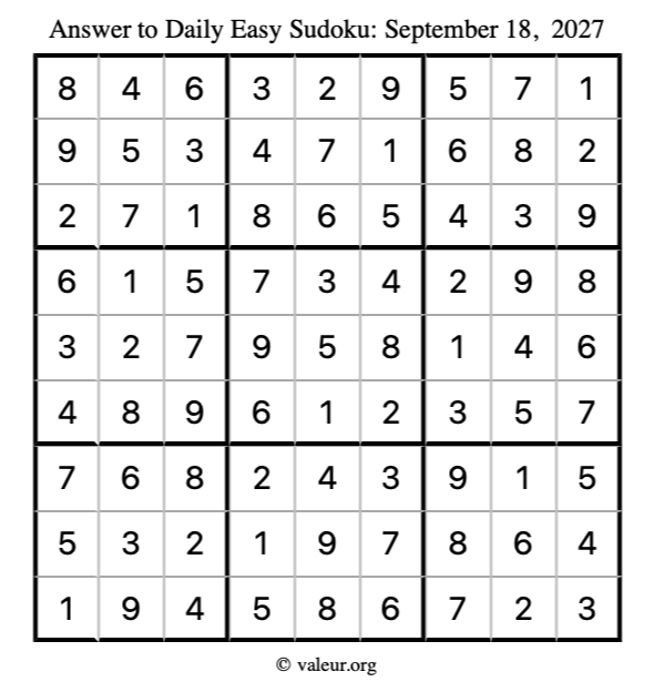 Answer to easy sudoku September 18, 2027