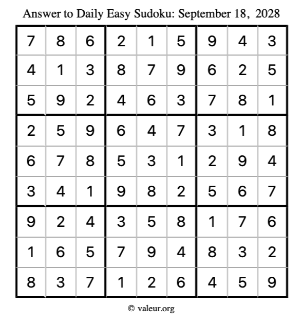 Answer to easy sudoku September 18, 2028