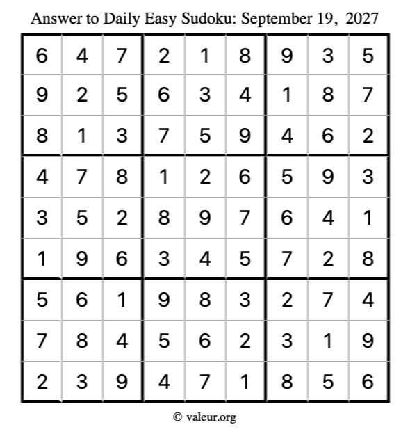 Answer to easy sudoku September 19, 2027