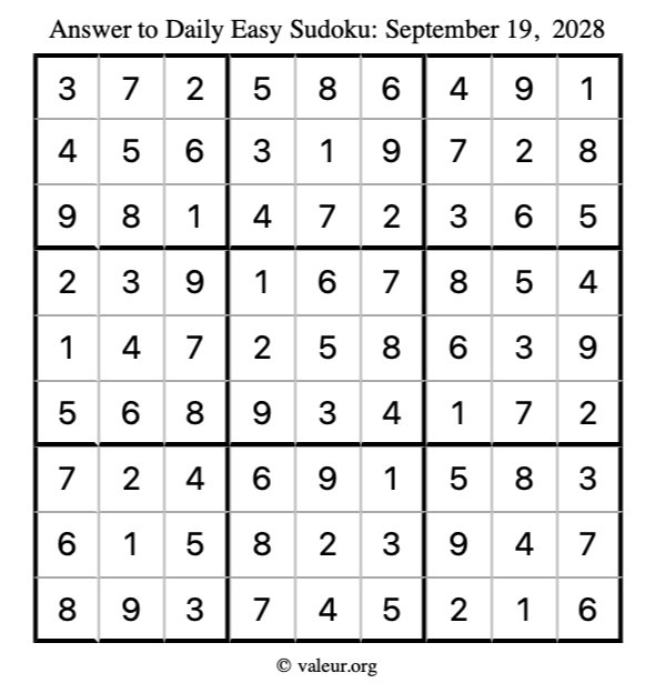 Answer to easy sudoku September 19, 2028