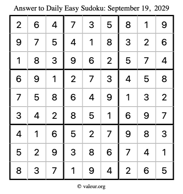 Answer to easy sudoku September 19, 2029