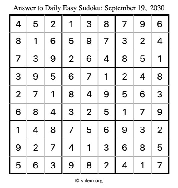 Answer to easy sudoku September 19, 2030