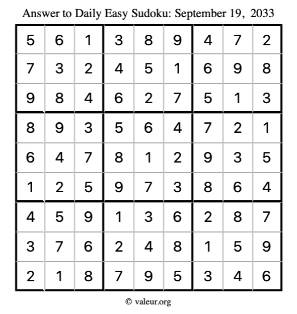 Answer to easy sudoku September 19, 2033
