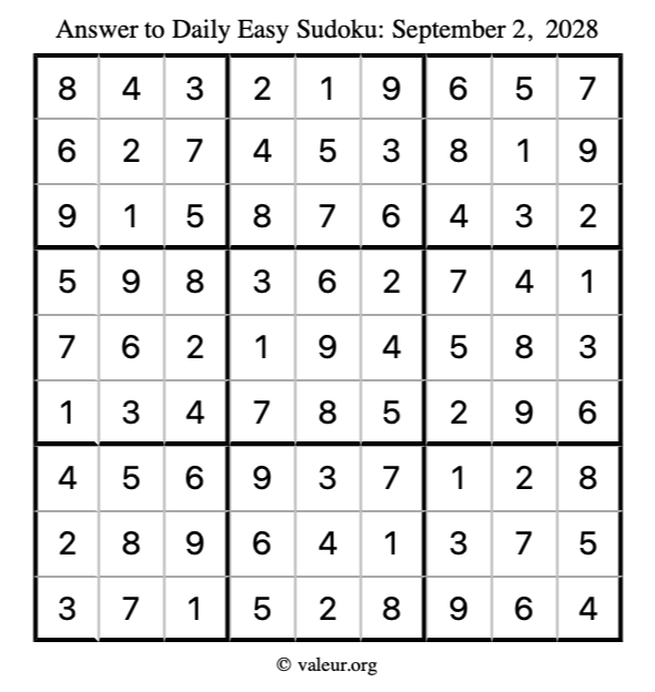 Answer to easy sudoku September 2, 2028