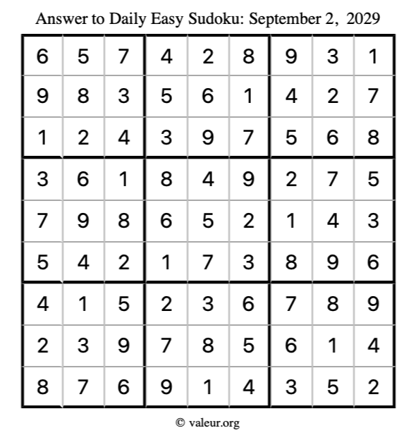 Answer to easy sudoku September 2, 2029