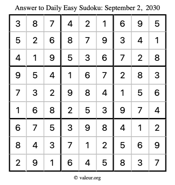 Answer to easy sudoku September 2, 2030
