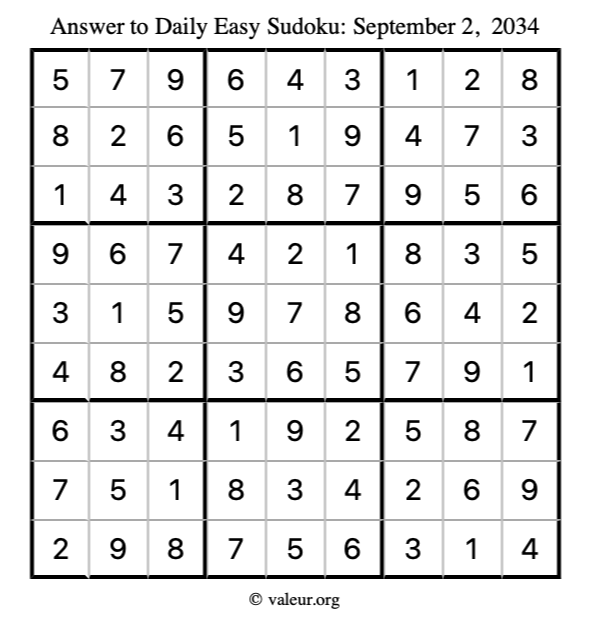 Answer to easy sudoku September 2, 2034