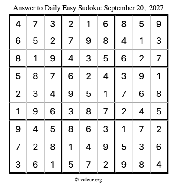 Answer to easy sudoku September 20, 2027